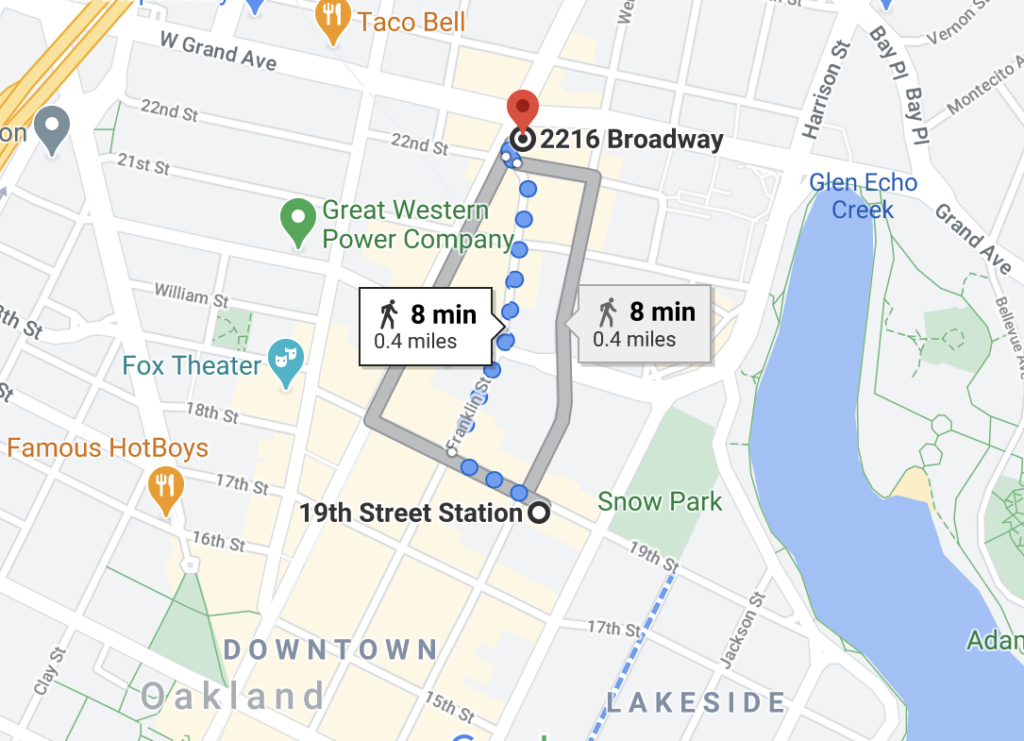 map from 19th street Bart station to Viridian Bar, including walking times